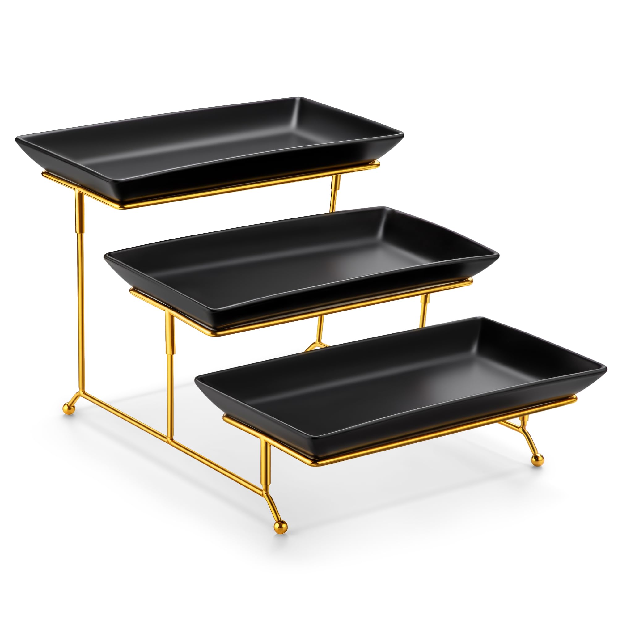 MALACASA 3 Tier Serving Trays for Party, Porcelain Serving Platters and Trays, 12 Inch Tiered Tray Stand, Fruit Tray, Trays for Serving Food, White Dessert Stand with Collapsible Sturdier Metal Rack