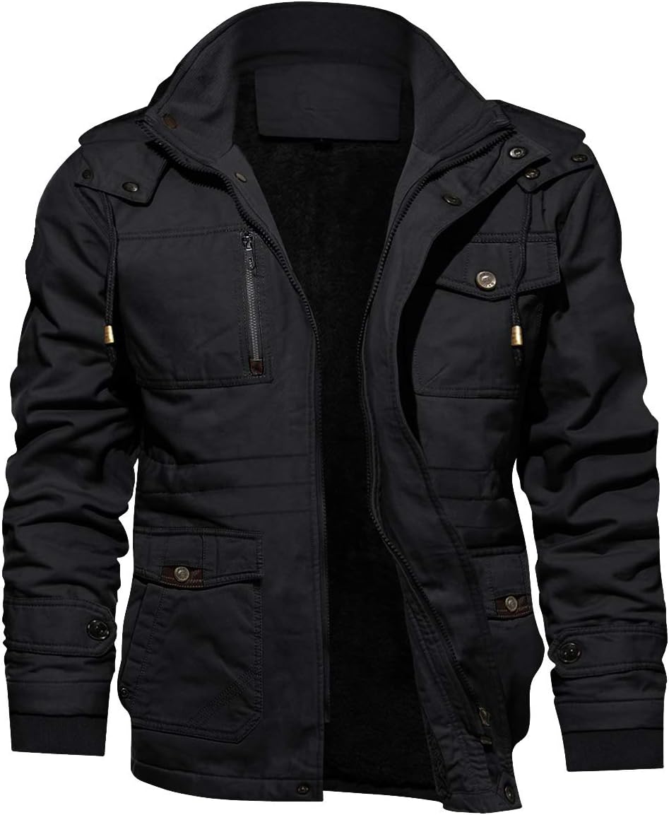 TACVASEN Men's Winter Jacket Cotton Military Jackets Fleece Lined Thick Work Warm Cargo Coats with Hooded