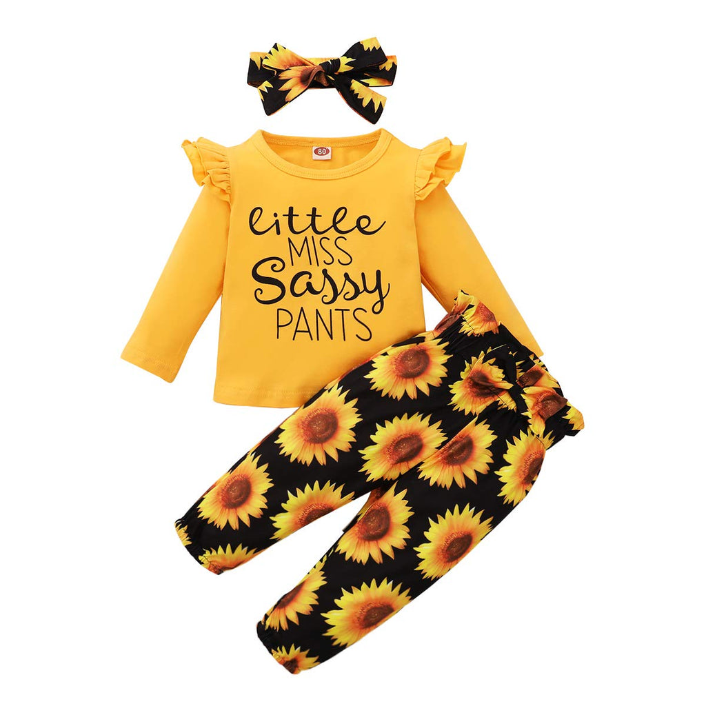 YALLET 3Pcs Toddler Girl Clothes Solid Color Long Sleeves Ruffle Top+Floral Pants+Headband 1-6 Years Fall/Winter Outfits Set