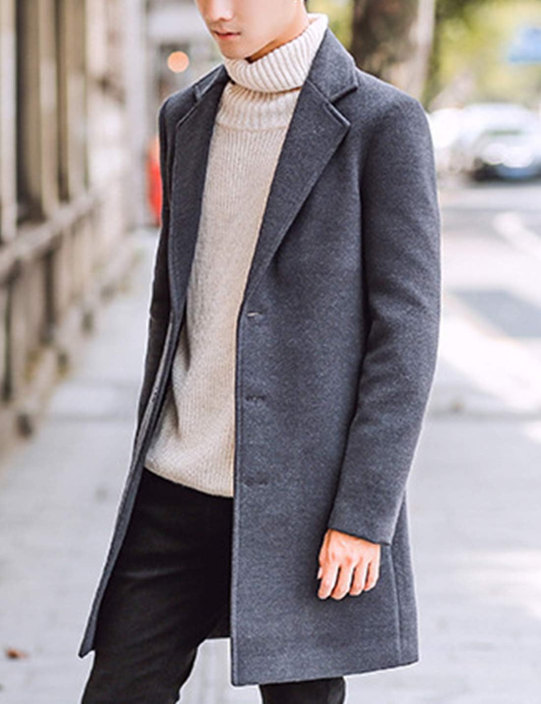 Springrain Men's Wool Blend Pea Coat Notched Collar Single Breasted Overcoat Warm Winter Trench Coat