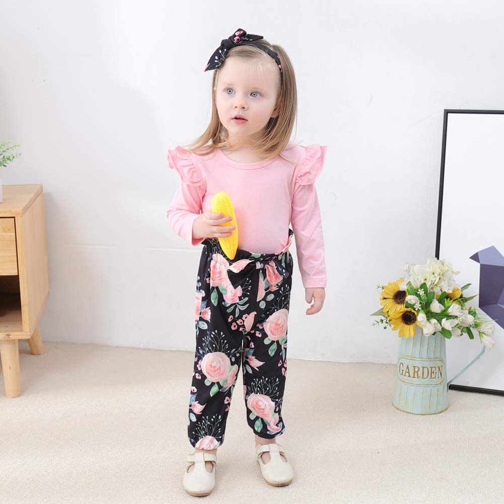SANMIO Toddler Girl Clothes Outfits Cute Ruffle Sleeve Shirt Floral Pant+Headband 3Pcs Baby Girl Clothing Set 1-6T