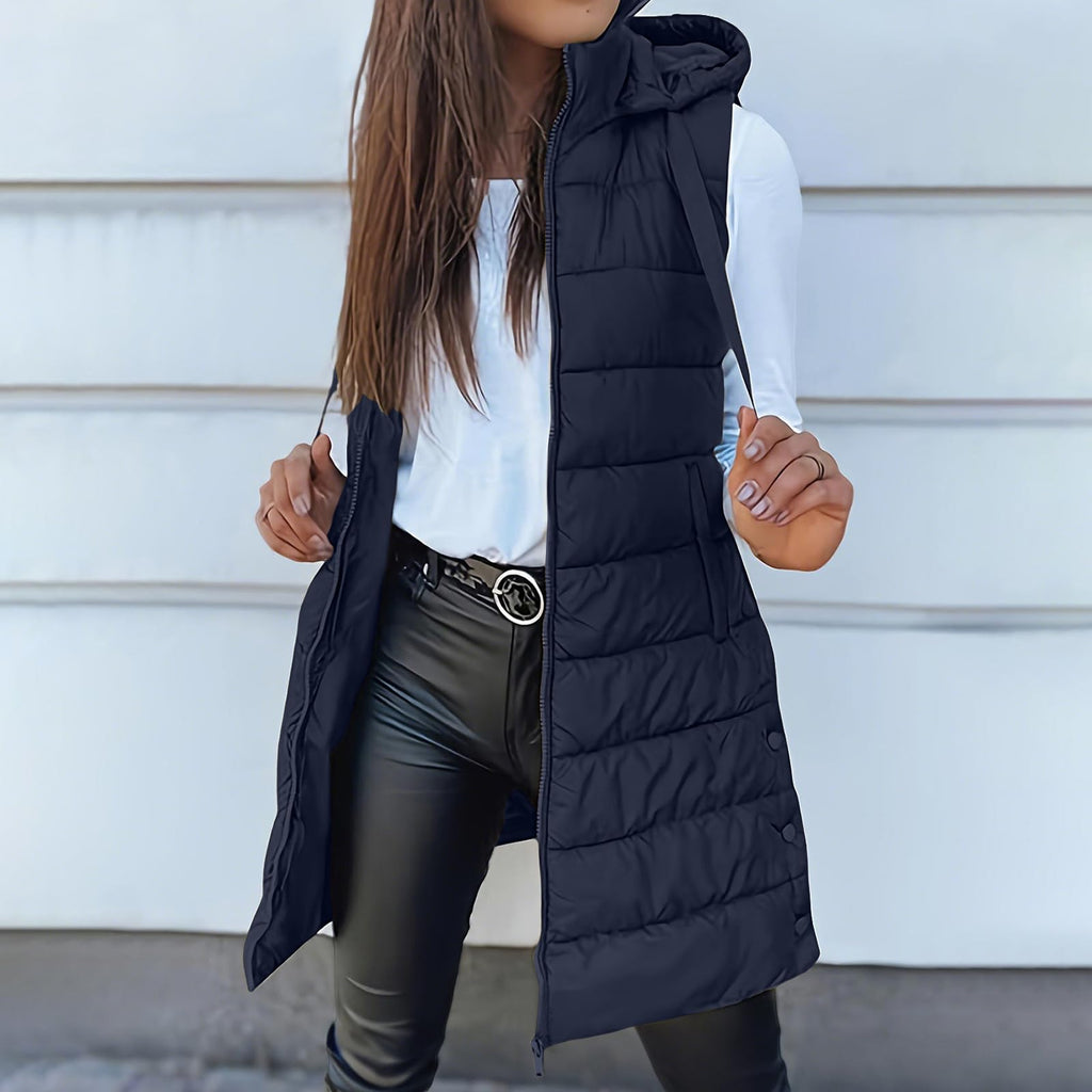 Long Puffer Vest Women Sleeveless Full Zip Up Puffy Jackets Quilted Padded Fall Coats Winter Outerwear