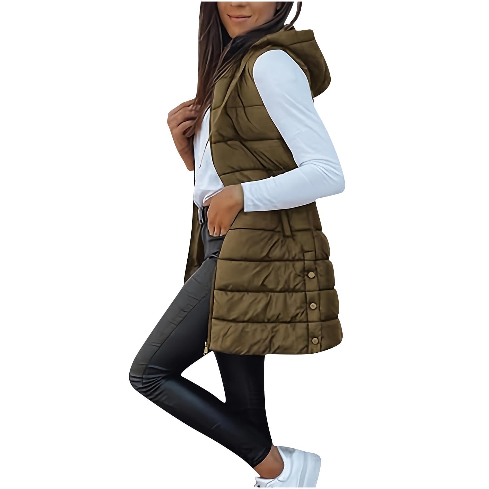 Long Puffer Vest Women Sleeveless Full Zip Up Puffy Jackets Quilted Padded Fall Coats Winter Outerwear