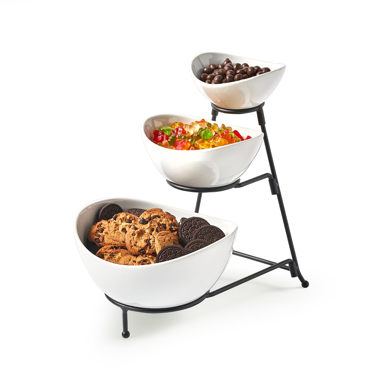 LYEOBOH 3 Tier Serving Bowls Set with Collapsible Thicker Metal Stand, Oval Serving Dishes for Entertaining Tiered Serving Stand for Fruit, Dessert, Candy, Chip and Dip (Black)