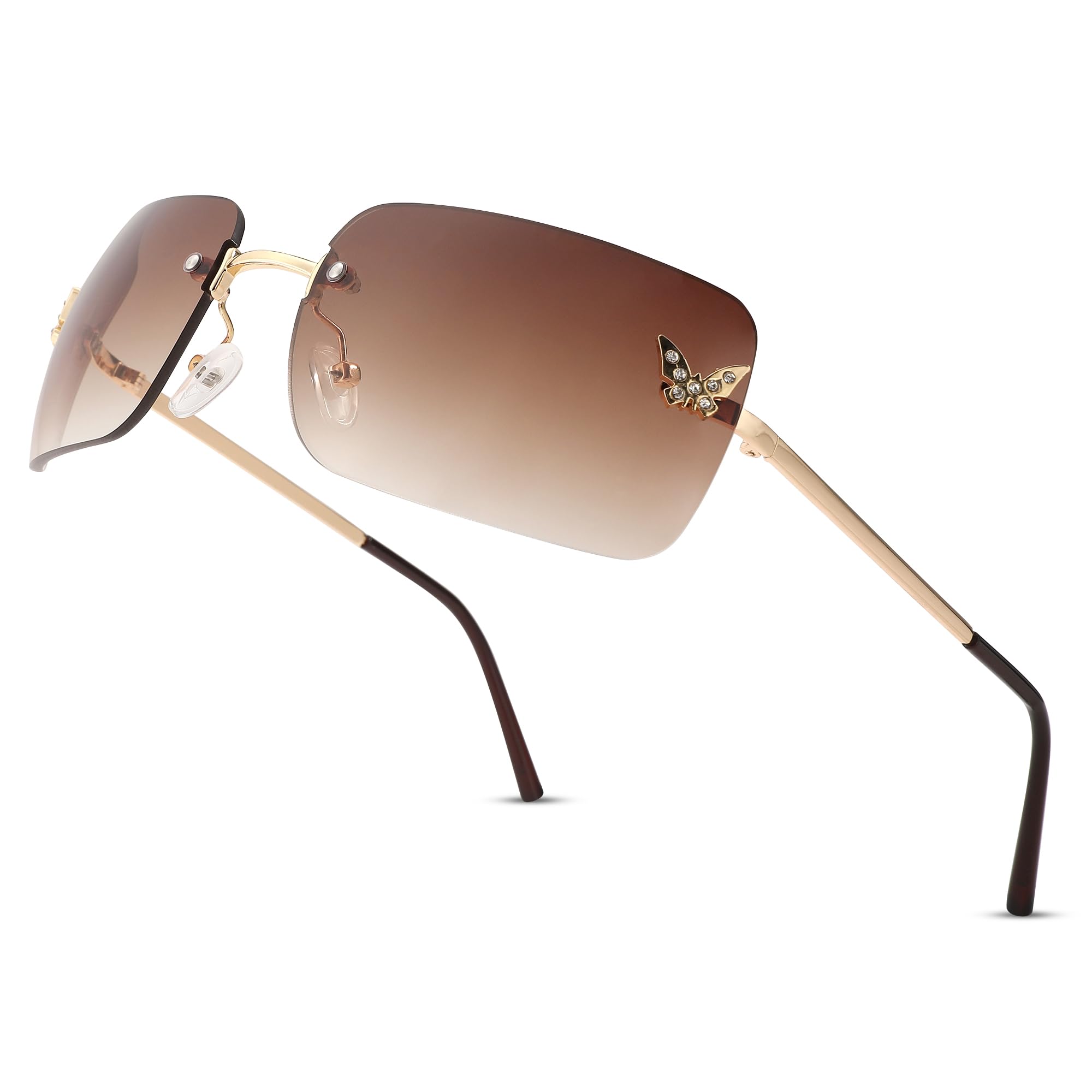 Rectangle Rimless Sunglasses for Women Retro Trendy Square Sun Glasses Vintage Shades