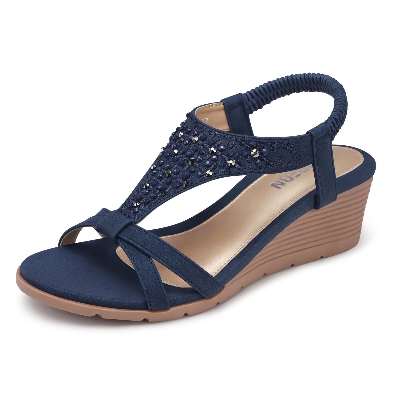 TEMOFON Women's Low Wedge Heels Summer Dressy Platform Sandals Elastic Ankle Strap Open Toe Flower Shoes