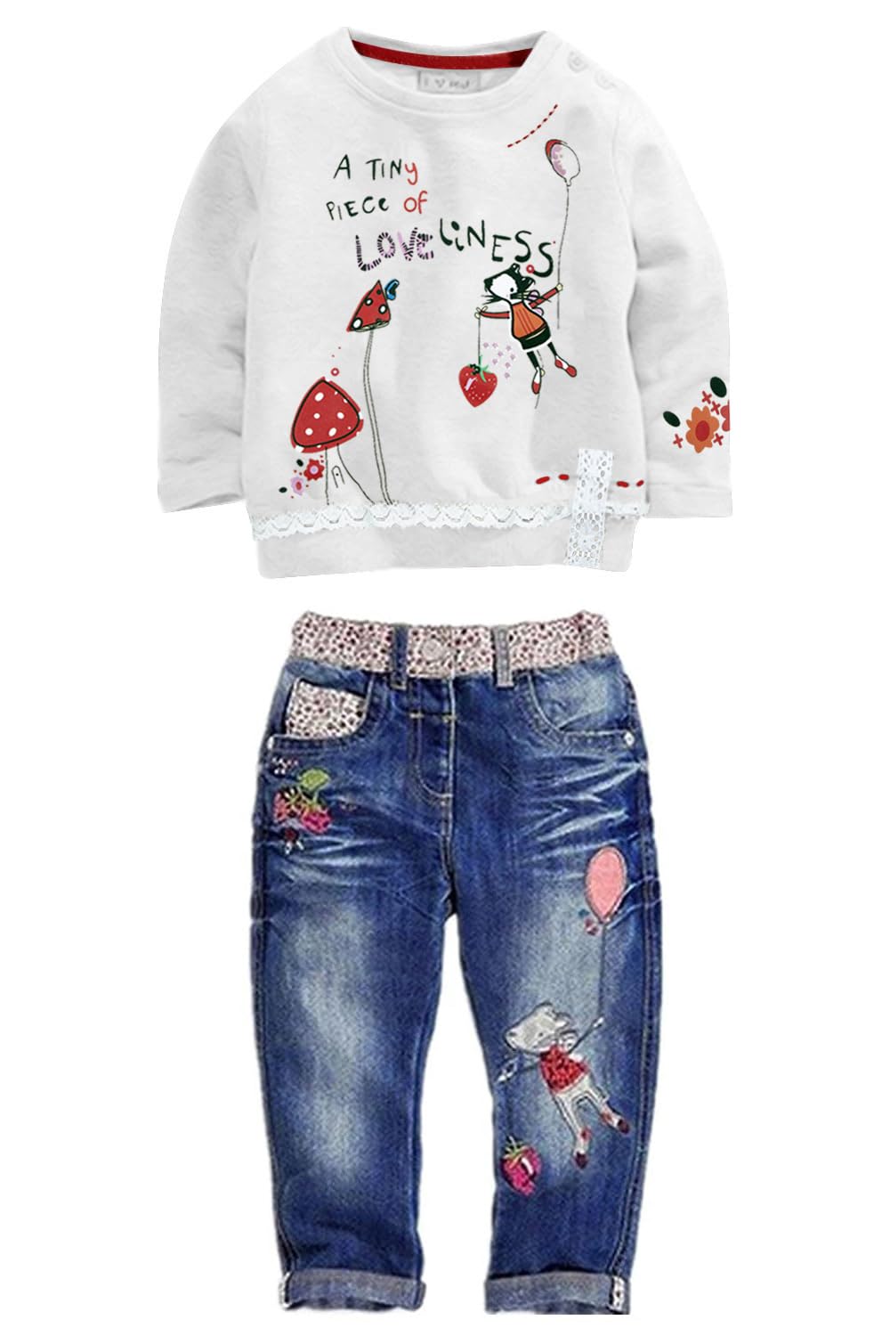LUKYCILD Toddler Girl Clothes Baby Girl Long Sleeve Top + Jeans Pants with Pockets 2 Piece Outfit Cartoon Clothing Set