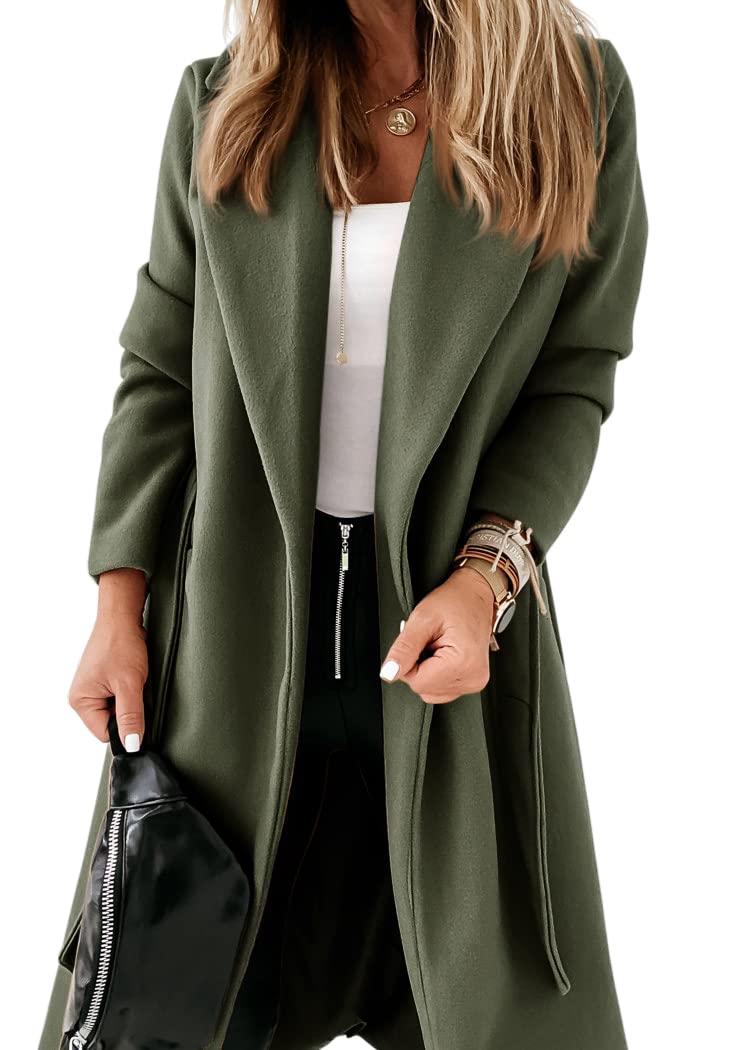 Womens Classic Coat Lapel Collar Open Front Belted Long Jacket