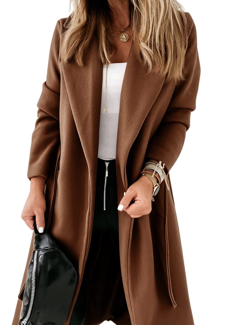 Womens Classic Coat Lapel Collar Open Front Belted Long Jacket