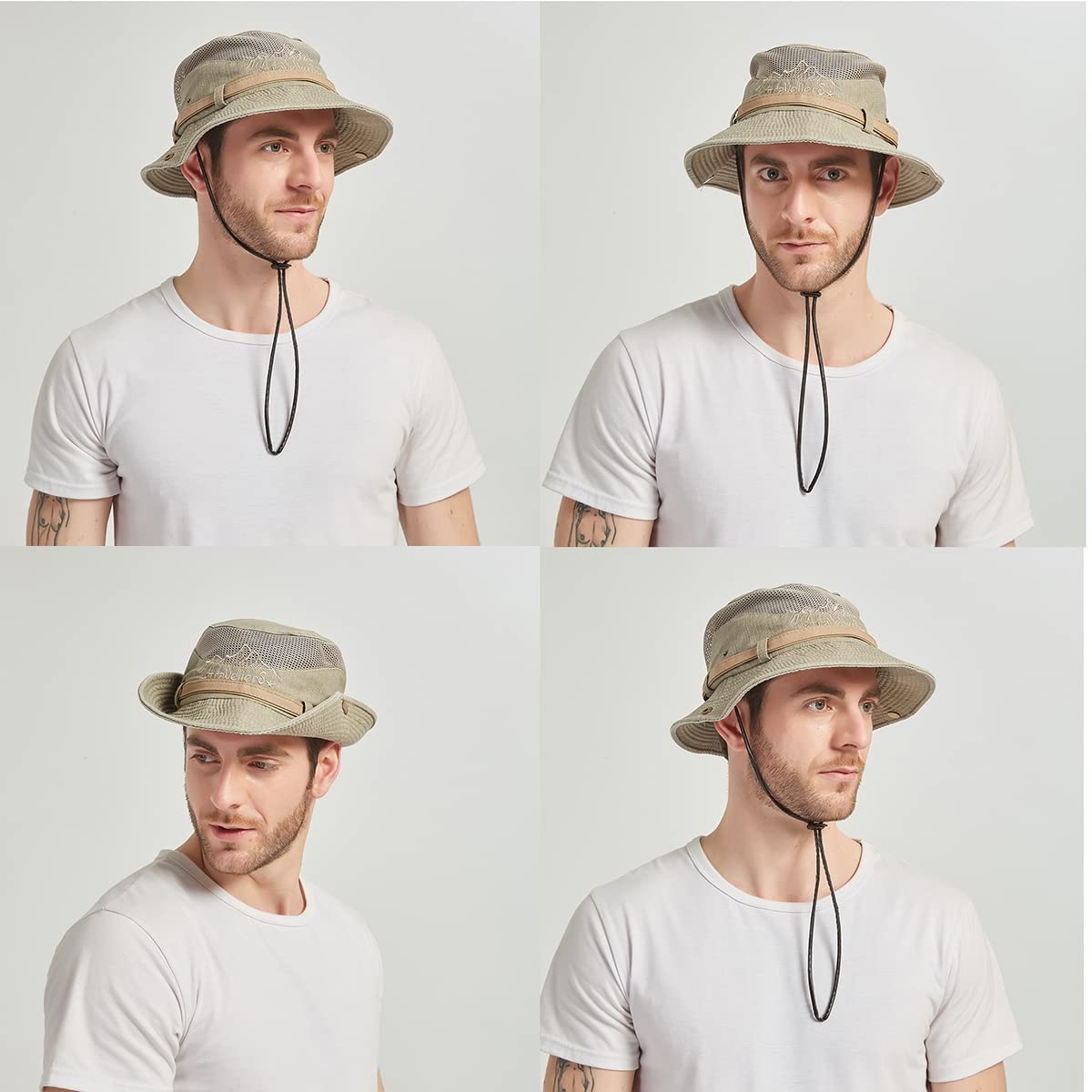 Sun Hat for Men, Cotton Embroidery Summer Outdoor Sun Protection Wide Brim Bucket Hat Foldable Safari Boonie Hat