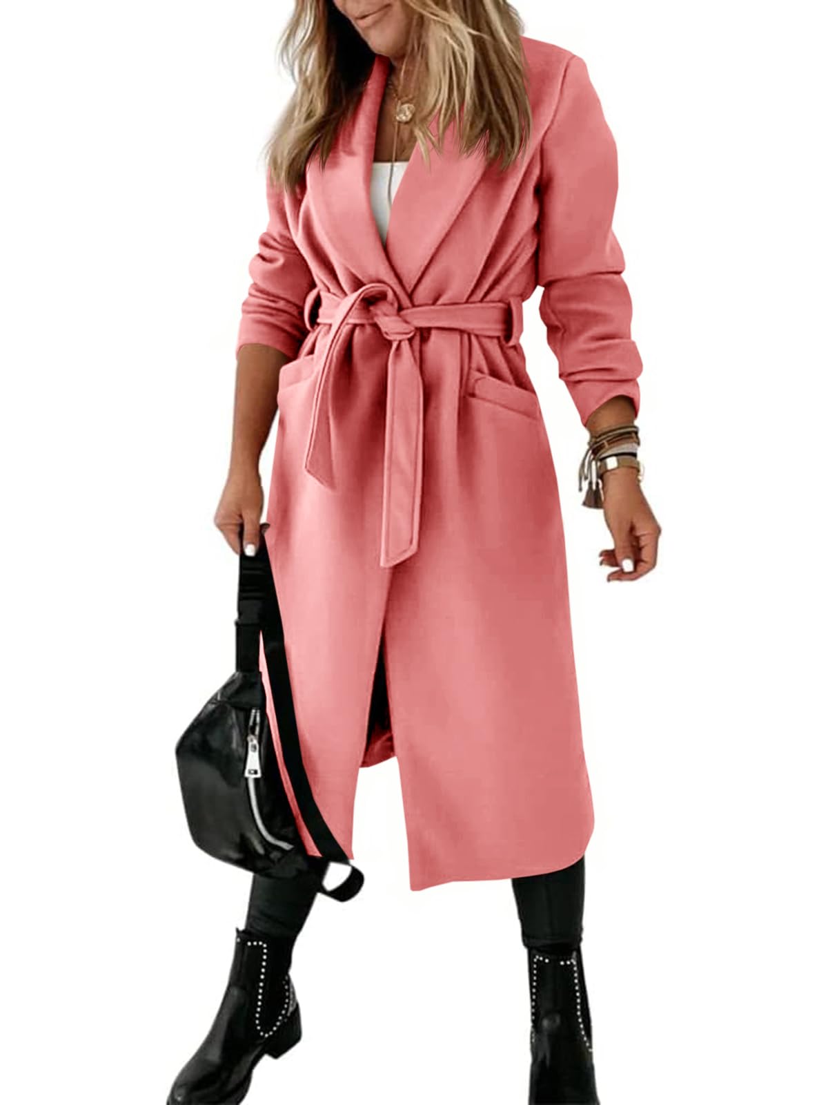 Womens Classic Coat Lapel Collar Open Front Belted Long Jacket