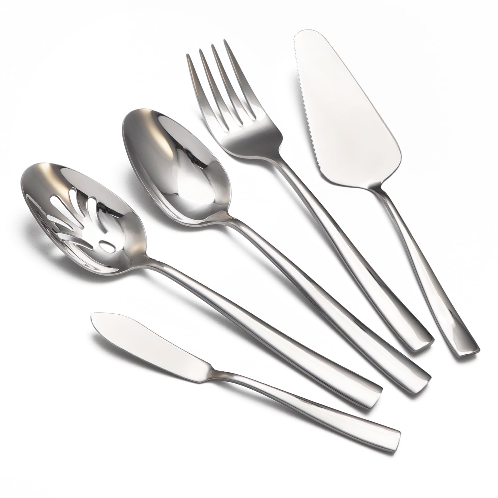 Large Hostess Serving Utensils Set, Stainless Steel Heavy Duty Serving spoons, Slotted Spoons, Serving Fork, Cake Server, Butter Knife, Dishwasher Safe (Silver)