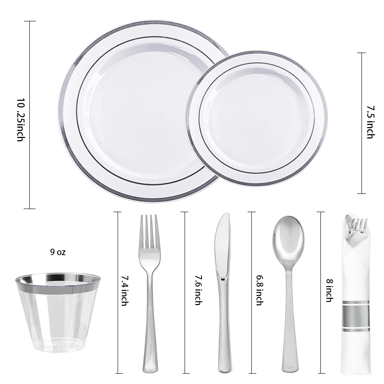 350PCS Gold Plastic Dinnerware Set, Disposable Party Plates for 50 Guests, Include: 100 Plastic Plates, 50 Pre Rolled Napkins with Gold Silverware, 50 Cups