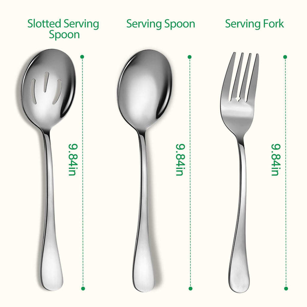 6 Piece Stainless Steel Serving Spoons Set, 10-Inch, Includes 2 Spoon/Slotted/Forks for Parties/Kitchen/Buffet/Catering, Dishwasher Safee