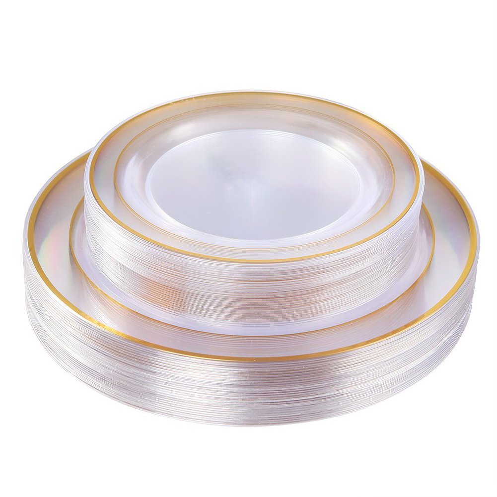 I00000 102 Pieces Gold Plastic Plates, Disposable Party Plates White Gold Rim, 51 Disposable Gold Dinner Plates 10.25 Inch and 51 Disposable Dessert Appetizer Elegant Fancy Wedding Plates 7.5 Inch