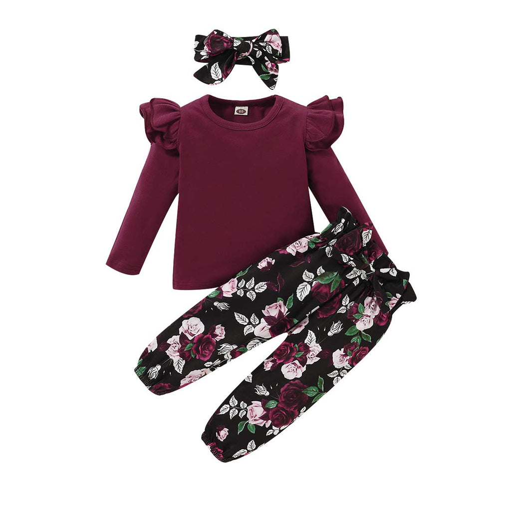 YALLET 3Pcs Toddler Girl Clothes Solid Color Long Sleeves Ruffle Top+Floral Pants+Headband 1-6 Years Fall/Winter Outfits Set