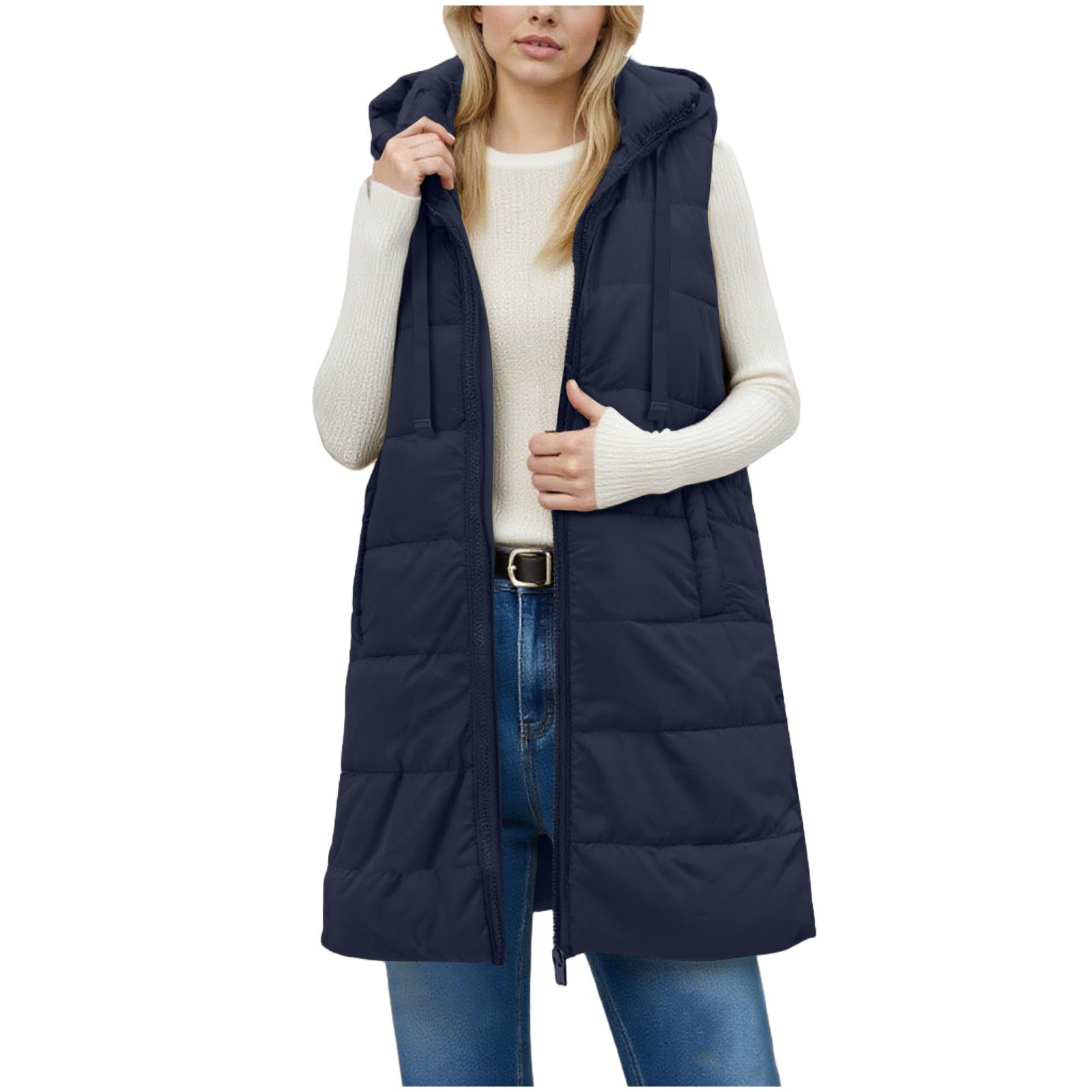 Long Puffer Vest Women Sleeveless Full Zip Up Puffy Jackets Quilted Padded Fall Coats Winter Outerwear