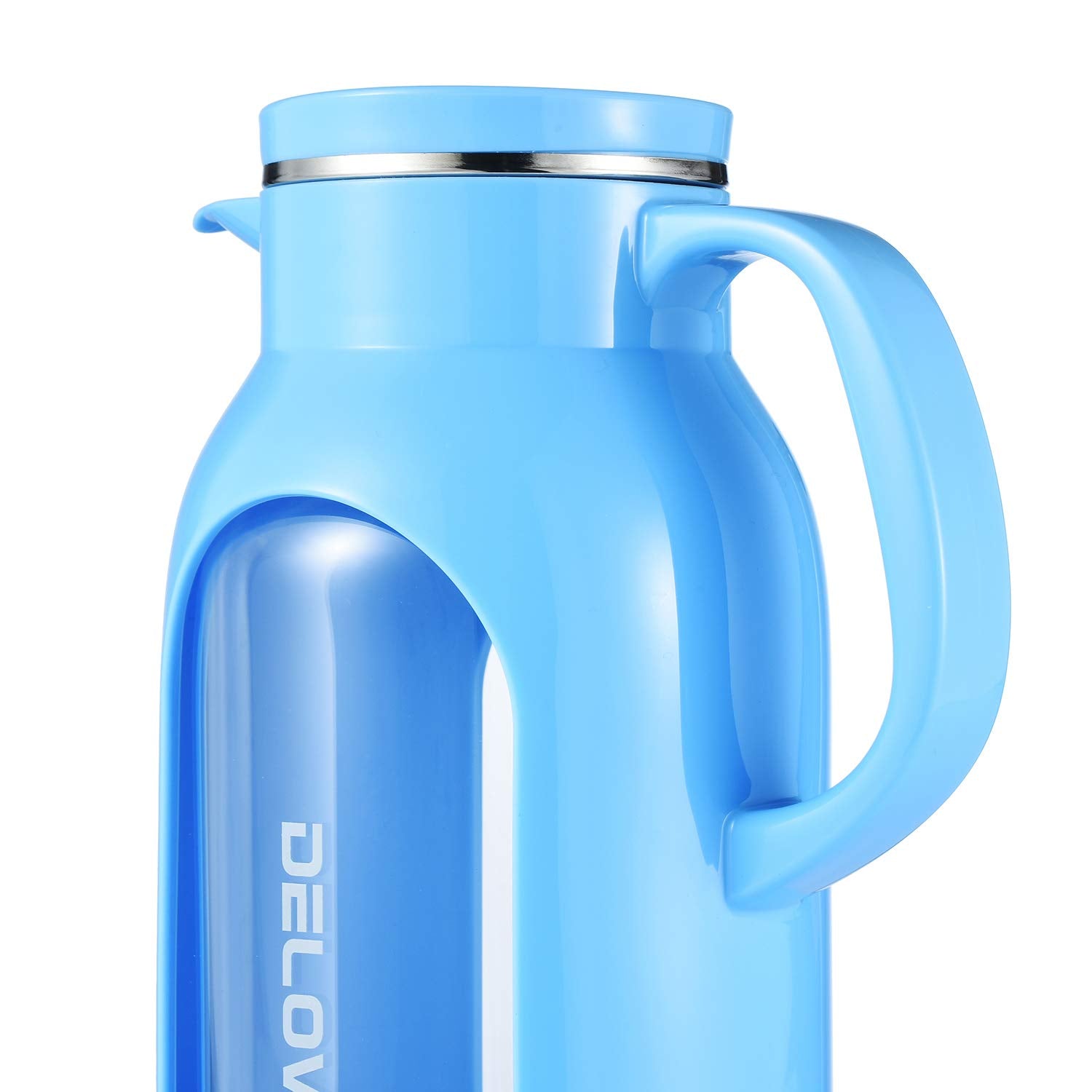 Delove 68 oz/2 Liter Glass Pitcher with Shatterproof Shell - Heat Resistant Glass Liner - Stainless Steel Lid - Carafe & Jug for Iced Tea,Hot/Cold Water,Homemade Juice Beverages (Black)