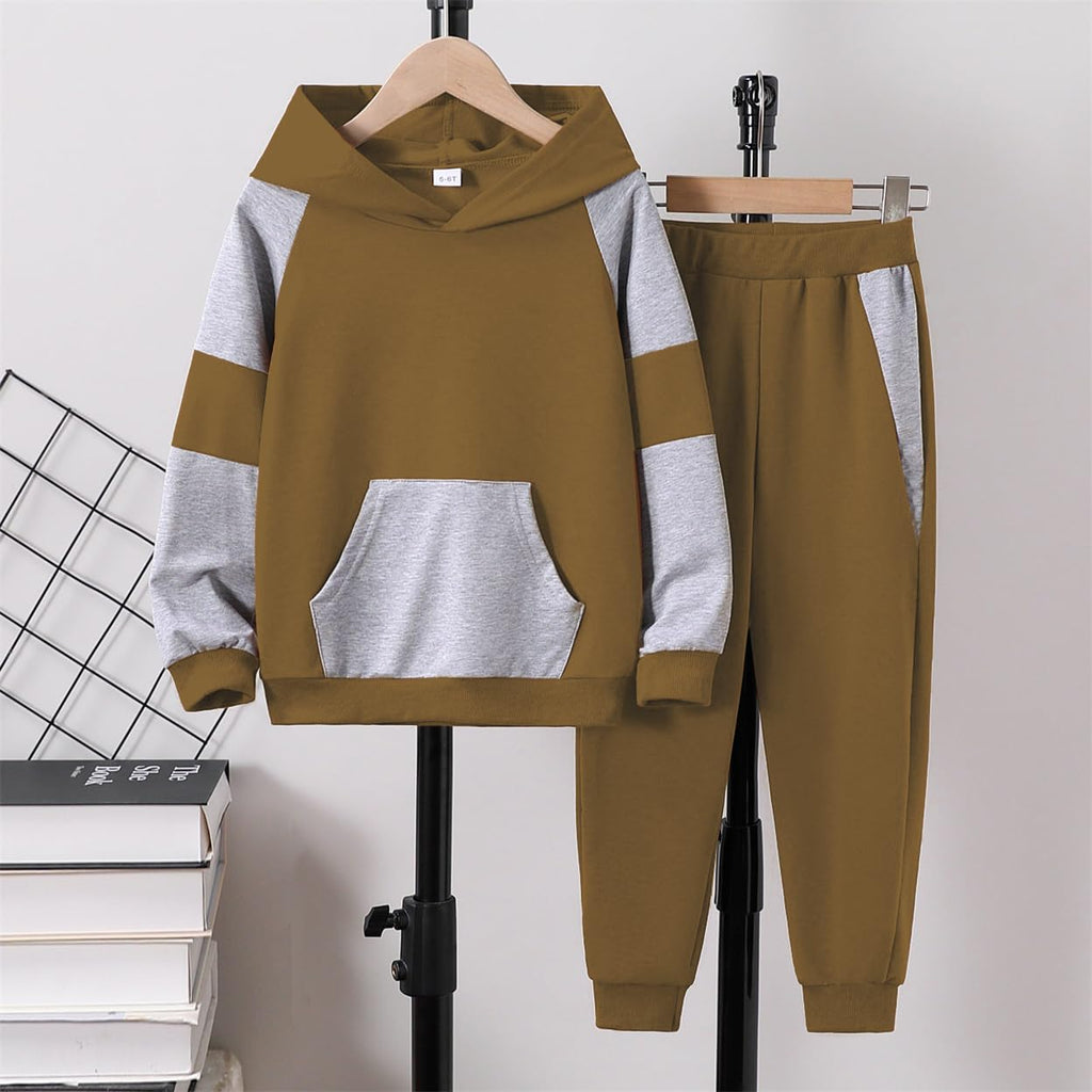 5-11Y Boys Clothes Long Sleeve Hooded Pullover Colorblock Sweatshirt + Pants 2pcs Fall Winter Outfit Set