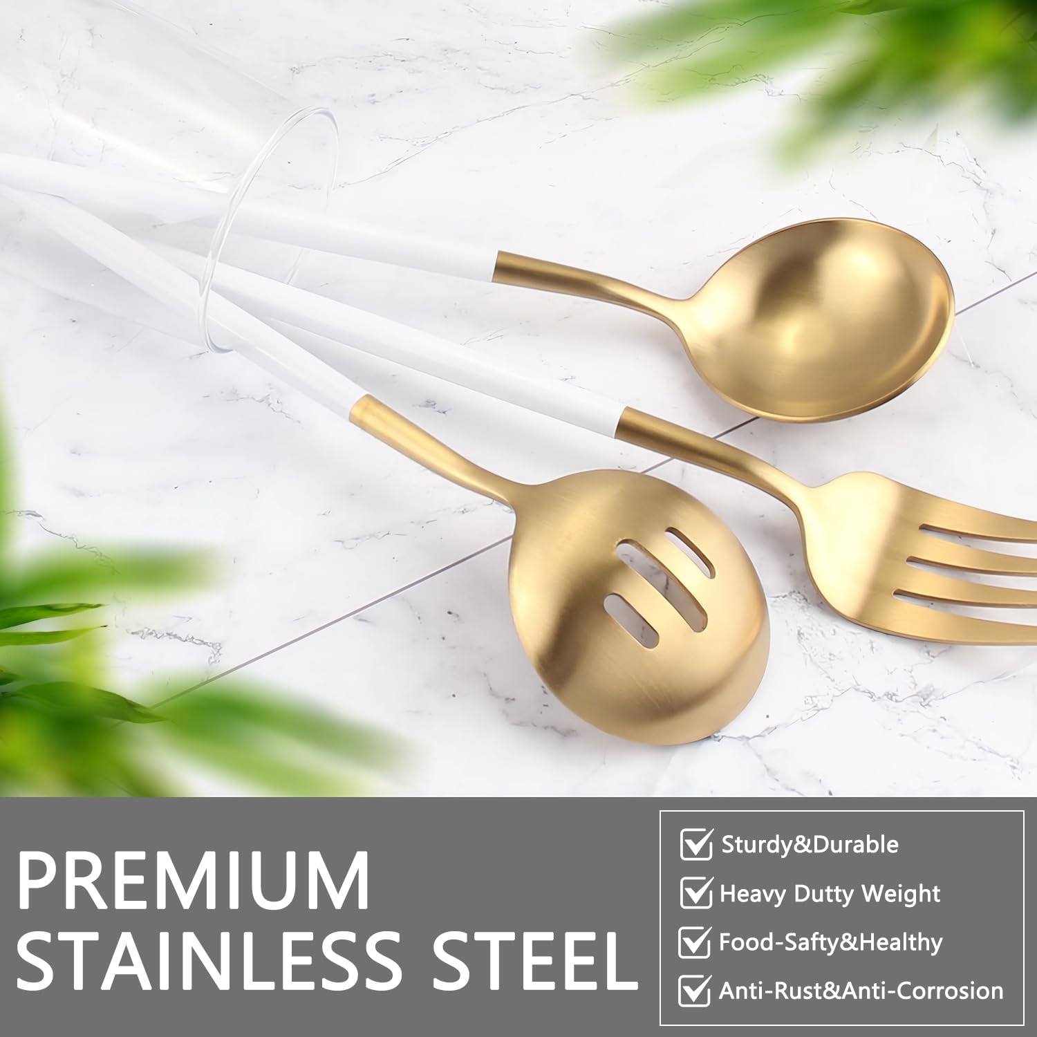 Gold Stainless Steel Serving Utensils Set, 5 Pcs - 10.8 Inch Serving Fork, 10.3 Inch Slotted Spoon, Sugar Spoon, Butter Knife for Buffet