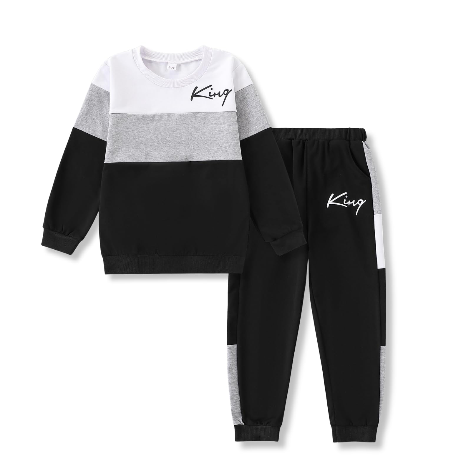 Boys Outfits Long Sleeve Color-Block Sweatshirt & Pant Clothing Set 2Pcs Fall Clothes for Kids Size 5-12 Years