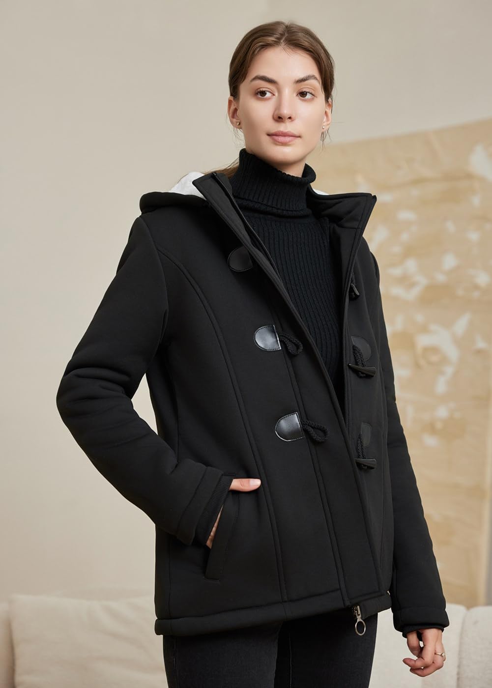 JiangWu Womens Fashion Horn Button Fleece Thicken Coat with Hood Winter Warm Jacket