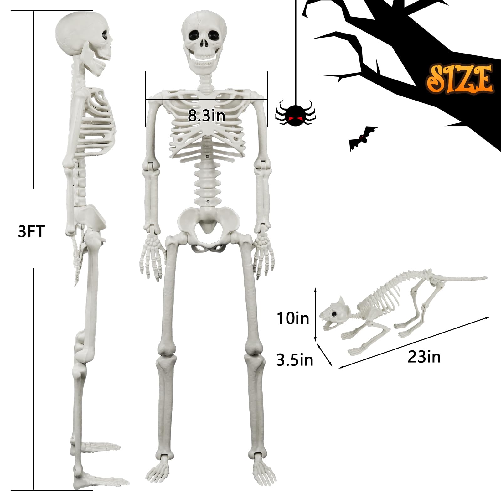 Lighted Human & Dog Skeleton Halloween Decorations Outdoor/Indoor - 36 Inch Realistic Full Body Movable Posable Skeleton Spooky Halloween Decor for Garden Yard Porch Indoor Party Haunted Graveyard