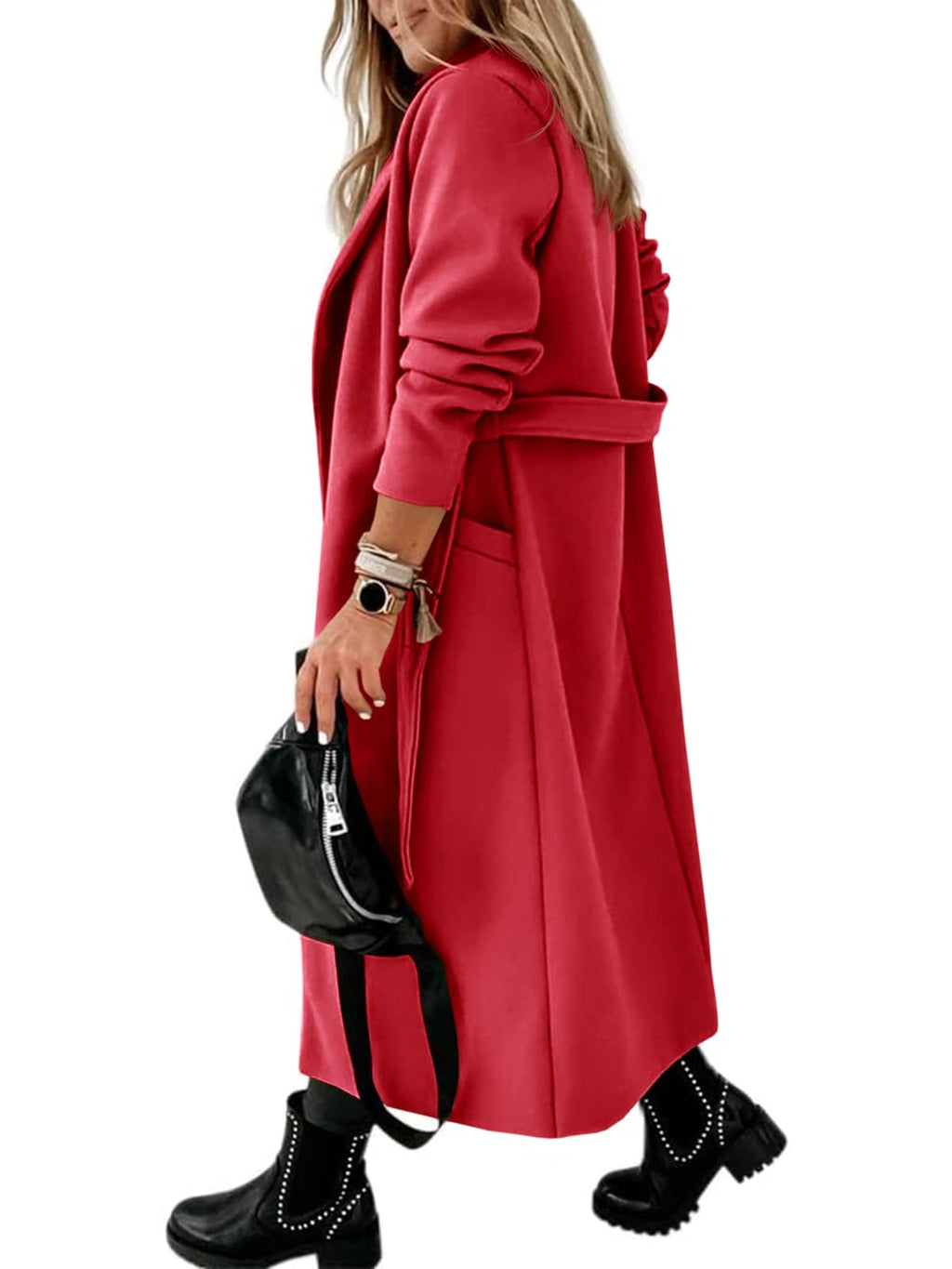 Womens Classic Coat Lapel Collar Open Front Belted Long Jacket