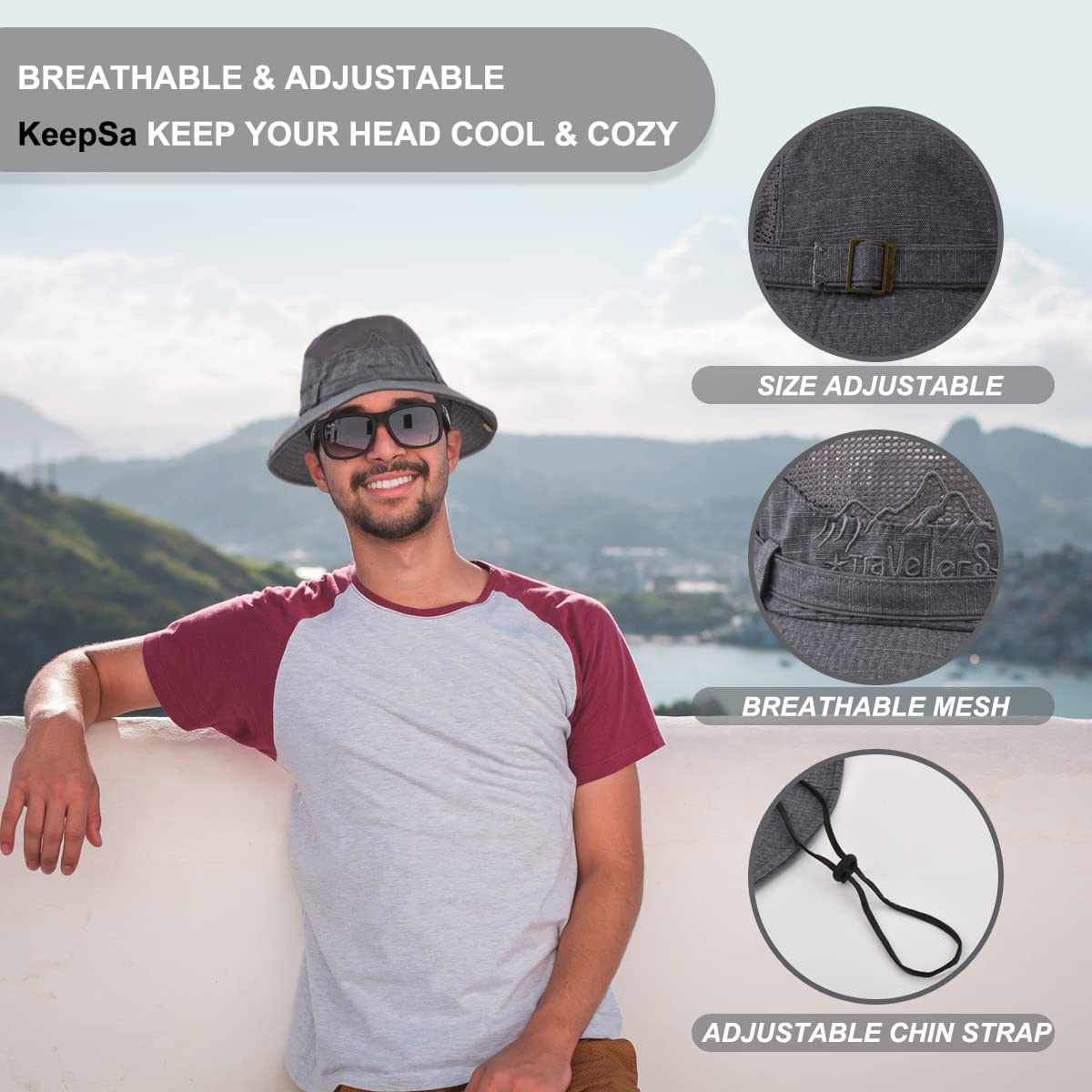 Sun Hat for Men, Cotton Embroidery Summer Outdoor Sun Protection Wide Brim Bucket Hat Foldable Safari Boonie Hat