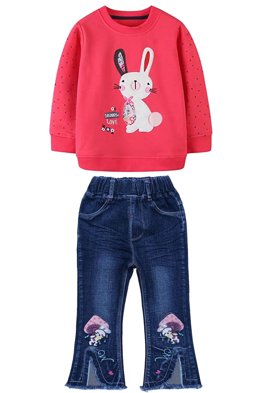 LUKYCILD Toddler Girl Clothes Baby Girl Long Sleeve Top + Jeans Pants with Pockets 2 Piece Outfit Cartoon Clothing Set