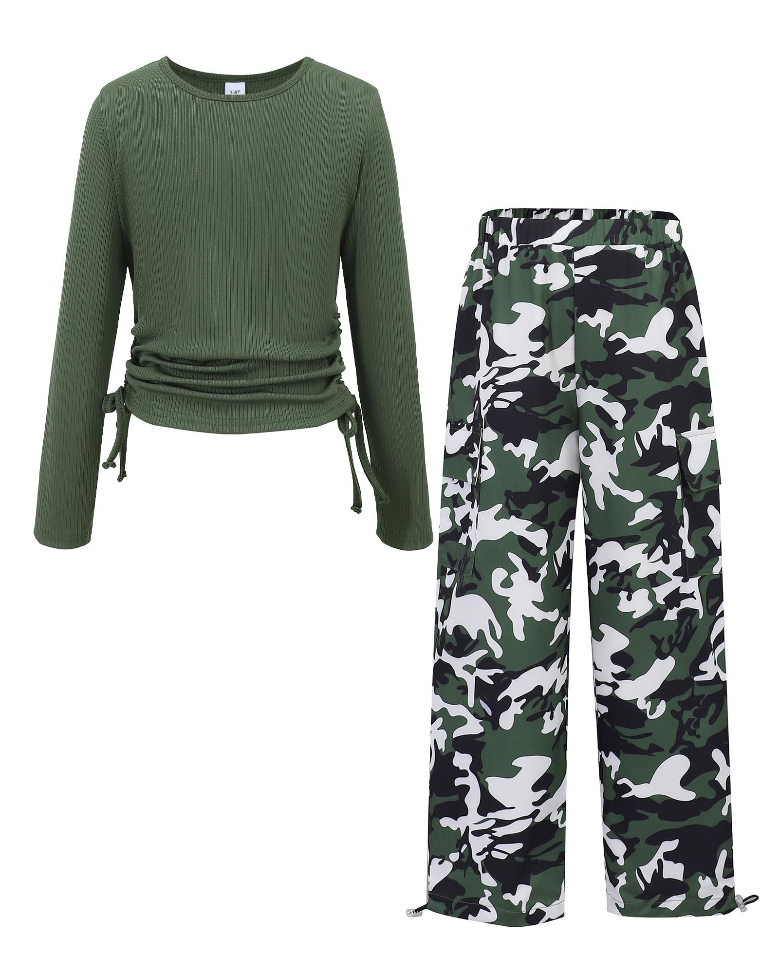 Girls Clothes Tween Girl Clothing Long Sleeve Ruched Drawstring Ribbed Knit Top Camo Cargo Pants Fall Winter Outfits