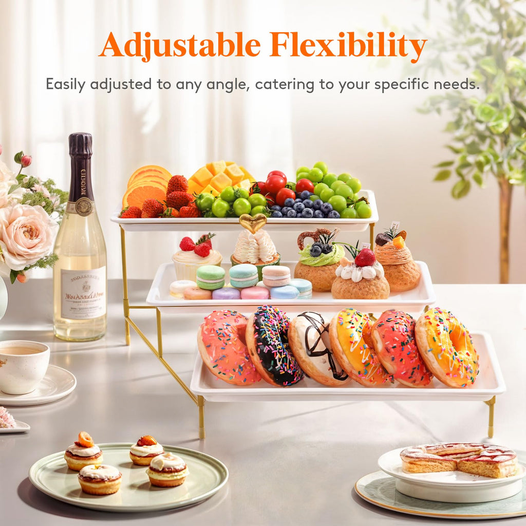 Lifewit 3 Tier Serving Tray for Party, 12" x 6.5" Plastic Tiered Food Serving Platters, White Rotatable Tiered Tray Stand with Gold Collapsible Metal Stand, Dessert Table Display Set for Buffet