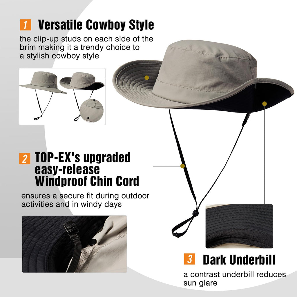 TOP-EX L/XL/XXL UV50+ Waterproof Wide Brim Bucket Sun Hat for Summer Fishing Hiking w/Detachable Strap & Vented Mesh