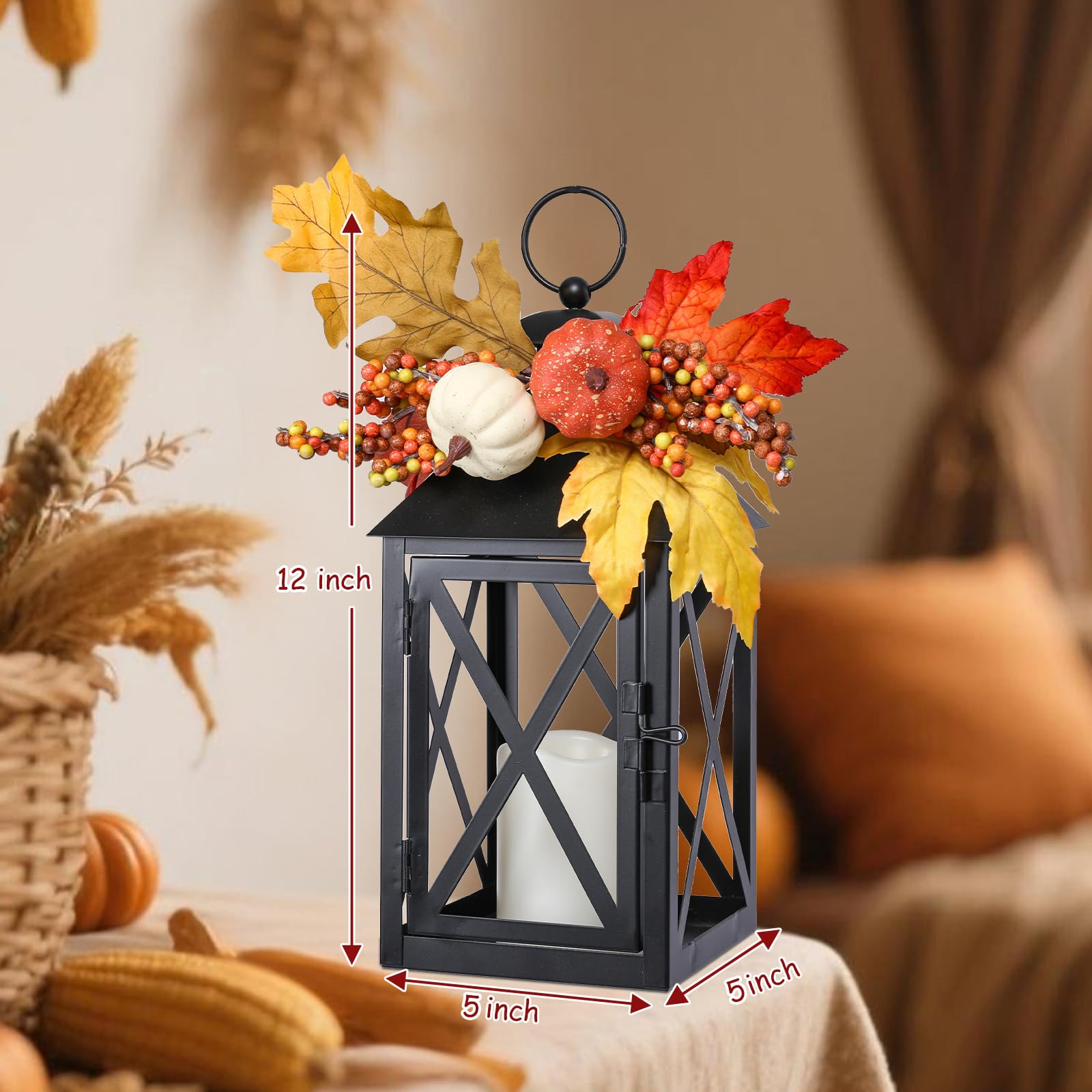 2 Pack Fall Lantern Decor with LED Candle – 12 Inch Harvest Pumpkin Maple Leaf Hanging Lantern for Autumn Thanksgiving Table Centerpiece Indoor Outdoor Decoration, Battery Operated