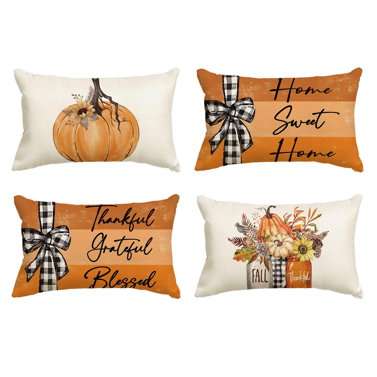 AVOIN colorlife Fall Pumpkin Home Sweet Home Throw Pillow Covers, 18 x 18 Inch Autumn Thankful Grateful Blessed Harvest Floral Decorations for Sofa Couch Set of 4
