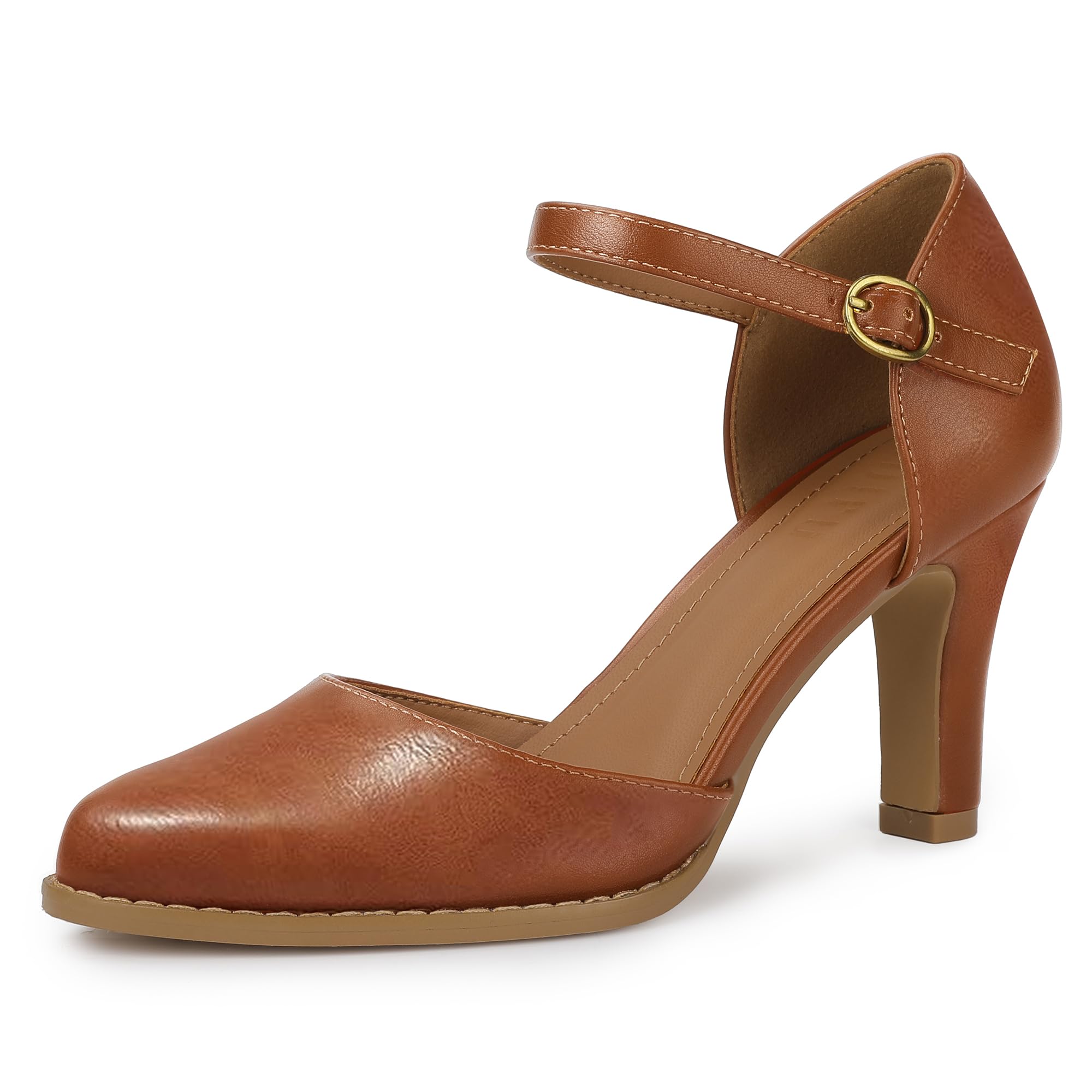 IDIFU IN3 Closed Toe Chunky High Heels Comfortable Dress Shoes for Women Pumps Vintage Pointed Toe Ankle Strap Heels Dressy Wedding Prom Bridal Party Work Office Formal Retro D'Orsay Pumps Shoes