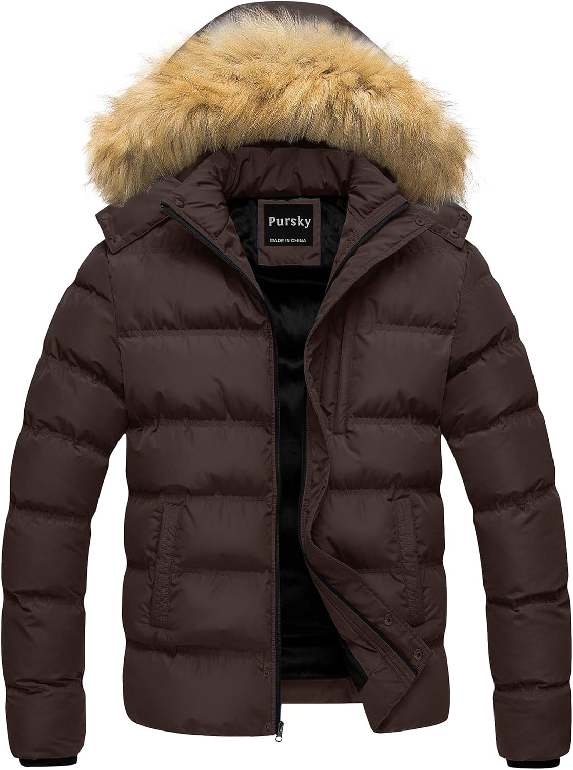 Pursky Men's Puffer Jacket Waterproof Winter Bubble Coats Ski Parka Fur Hooded