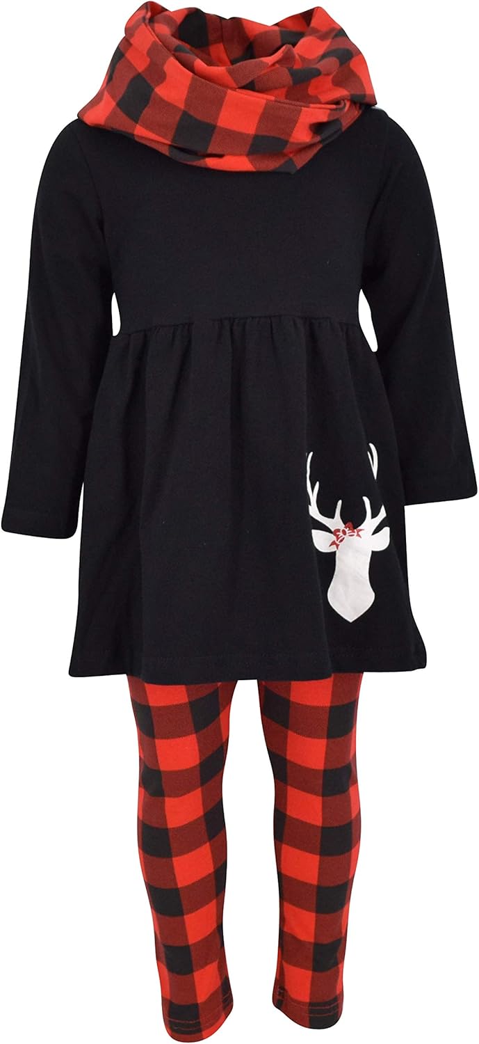 Unique Baby Girls Kids Toddler 3pc Outfit Set Long Sleeve Cotton Blend Tunic Top Leggings and Scarf