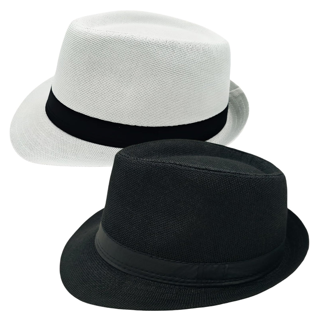 2 Pack Short Brim Fedora Classic 20s Trilby Panama Hats Summer Travel Cap for Men Women