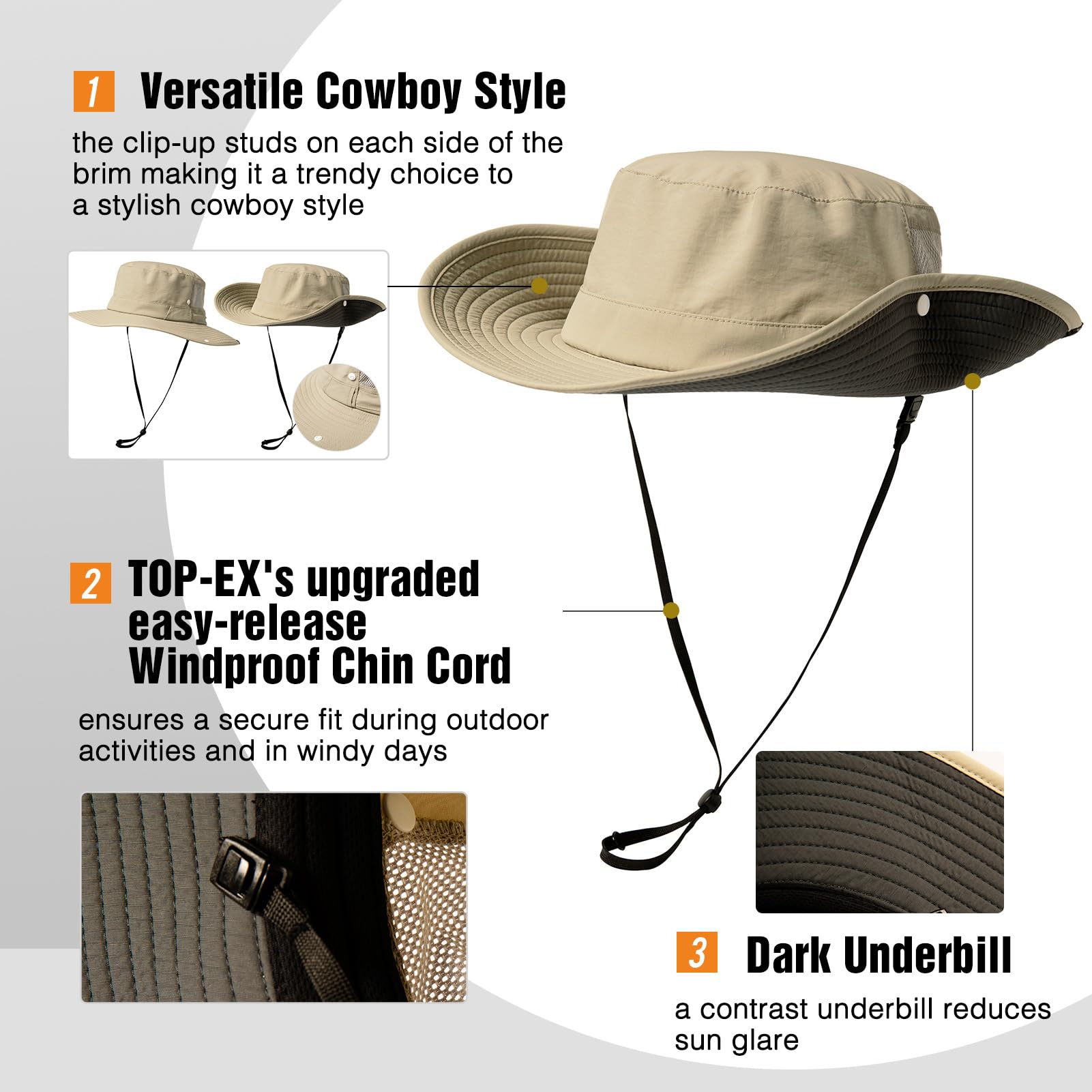 TOP-EX L/XL/XXL UV50+ Waterproof Wide Brim Bucket Sun Hat for Summer Fishing Hiking w/Detachable Strap & Vented Mesh