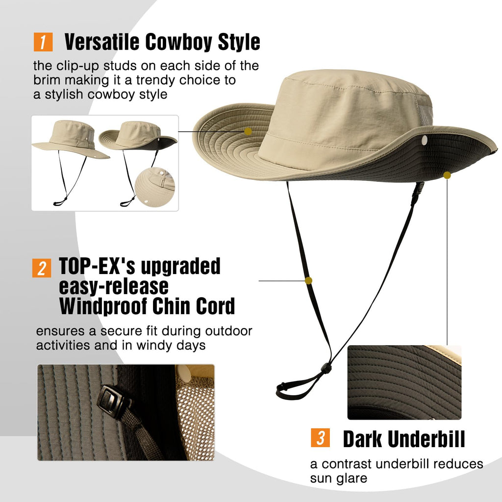 TOP-EX L/XL/XXL UV50+ Waterproof Wide Brim Bucket Sun Hat for Summer Fishing Hiking w/Detachable Strap & Vented Mesh
