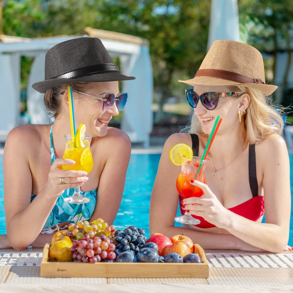 Forwe 4 Pack Straw Fedora Hat for Men Women Short Brim Trilby Hat Classic Panama Summer Beach Sun Hat