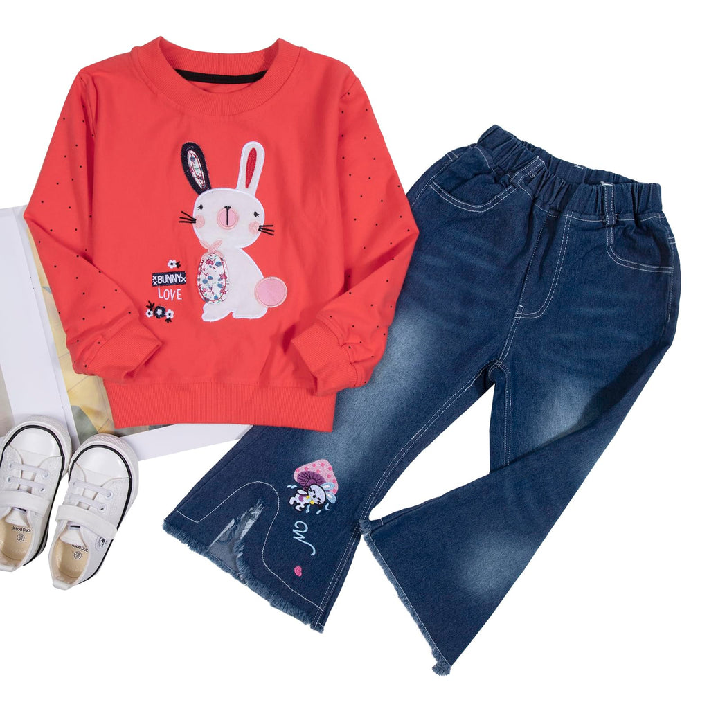 LUKYCILD Toddler Girl Clothes Baby Girl Long Sleeve Top + Jeans Pants with Pockets 2 Piece Outfit Cartoon Clothing Set