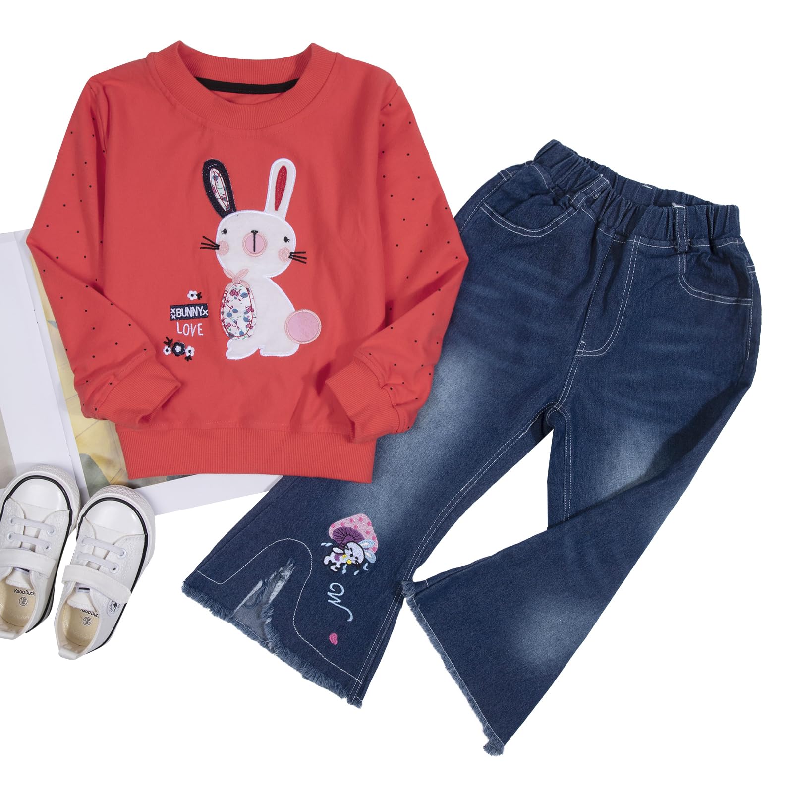 LUKYCILD Toddler Girl Clothes Baby Girl Long Sleeve Top + Jeans Pants with Pockets 2 Piece Outfit Cartoon Clothing Set