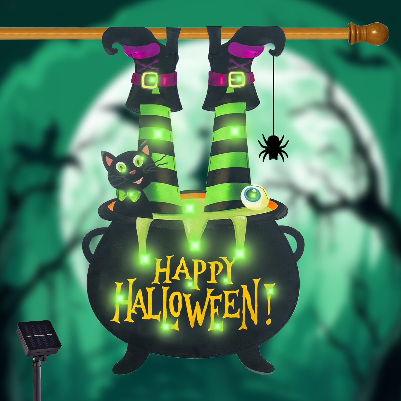 Halloween Lighted Garden Flag for Outside, Led Solar Yard Flag 8 Modes Witch Feet Shape Flag, 12x18 Double Sided Cauldron Eyeball Black Cat Decorations for Home Porch