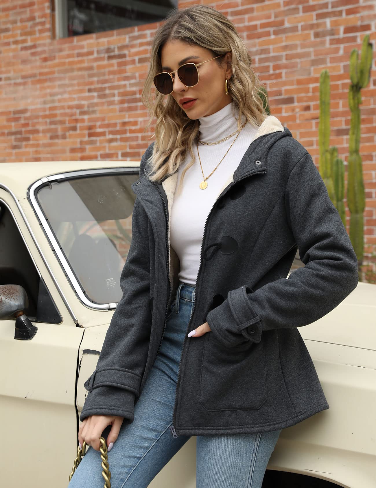 Gihuo Winter Jackets for Women Sherpa Lined Jacket Women Duffle Toggle Coat Hooded Fleece Jacket