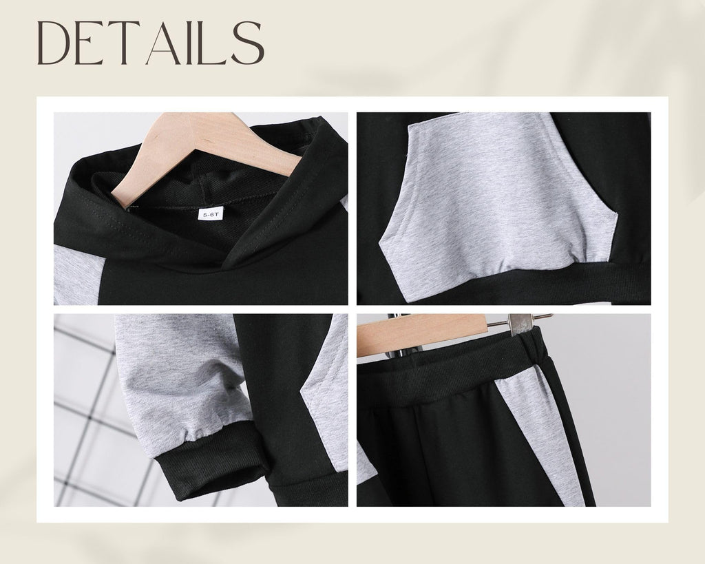 5-11Y Boys Clothes Long Sleeve Hooded Pullover Colorblock Sweatshirt + Pants 2pcs Fall Winter Outfit Set