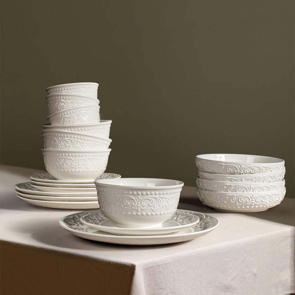 Large Salad Bowls Set of 4, 60oz White Serving Bowls Deep Deep Embossed Ceramic Mixing Bowl for Soup Kitchen, Eating, Ramen, Pasta, Dishwasher & Microwave Safe 8 inch (Multiple Patterns)