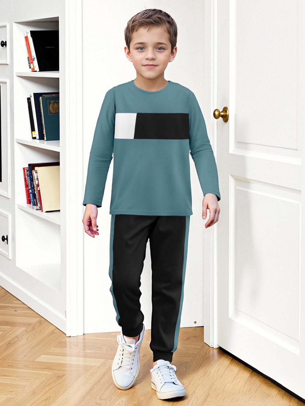 Boys Clothes Color Block Round Neck Long Sleeve Sweatshirt and Casual Pants 2Pcs Fall Outfits Clothes for Boys 6-14 Y