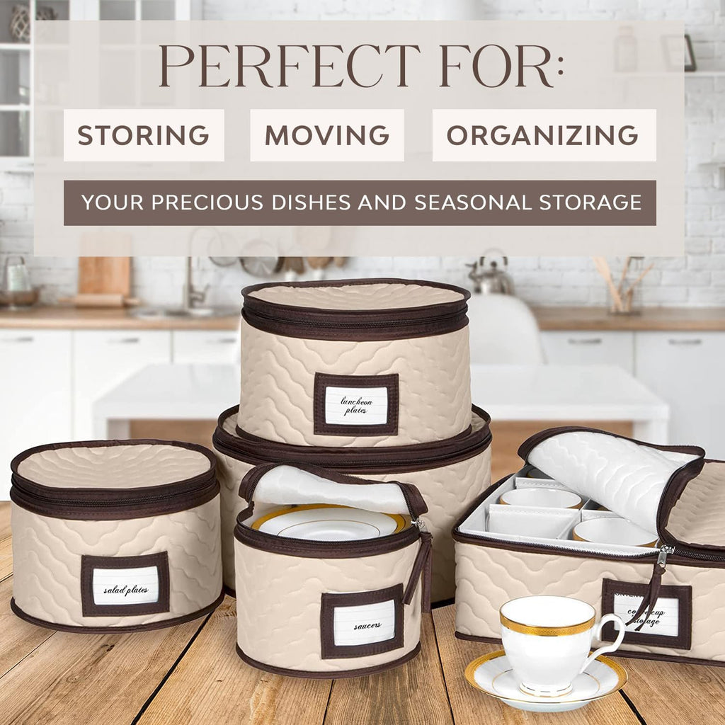 China Storage Containers 5-Piece Set Moving Boxes for Dinnerware, Glasses, Plates, Mugs and Saucers Sturdy Quilted Microfiber Dish Organizer with Dividers for Seasonal Storage - Holds Set of 12